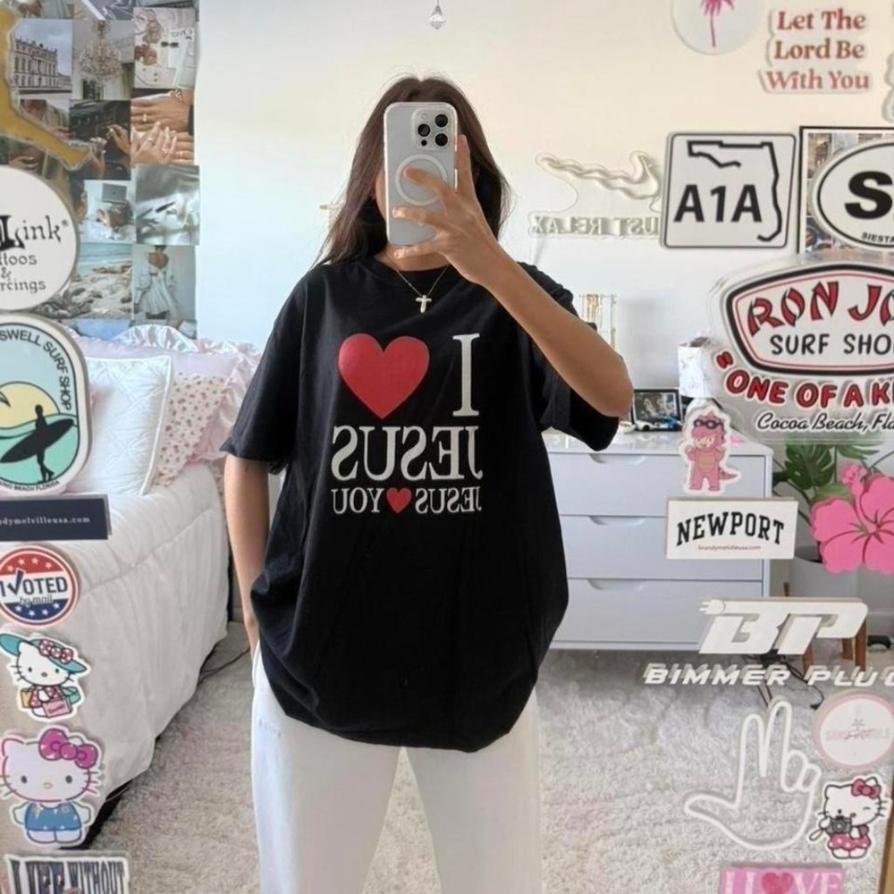 black "I Love Jesus Loves You" cotton t shirt off the shoulder